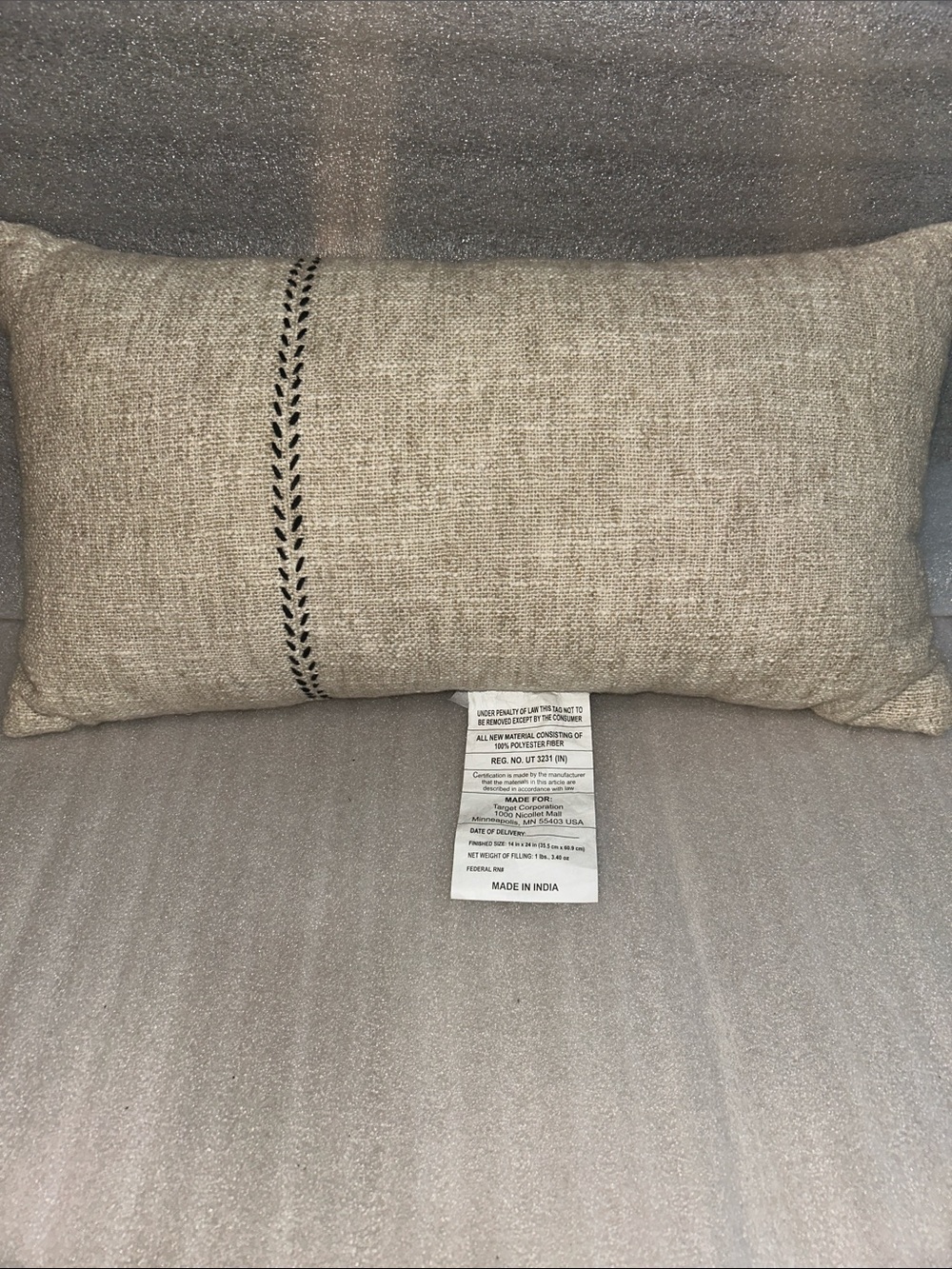 Threshold Neutral Linen Blend Lumbar Pillow with Black Stitching 14” x 24”
